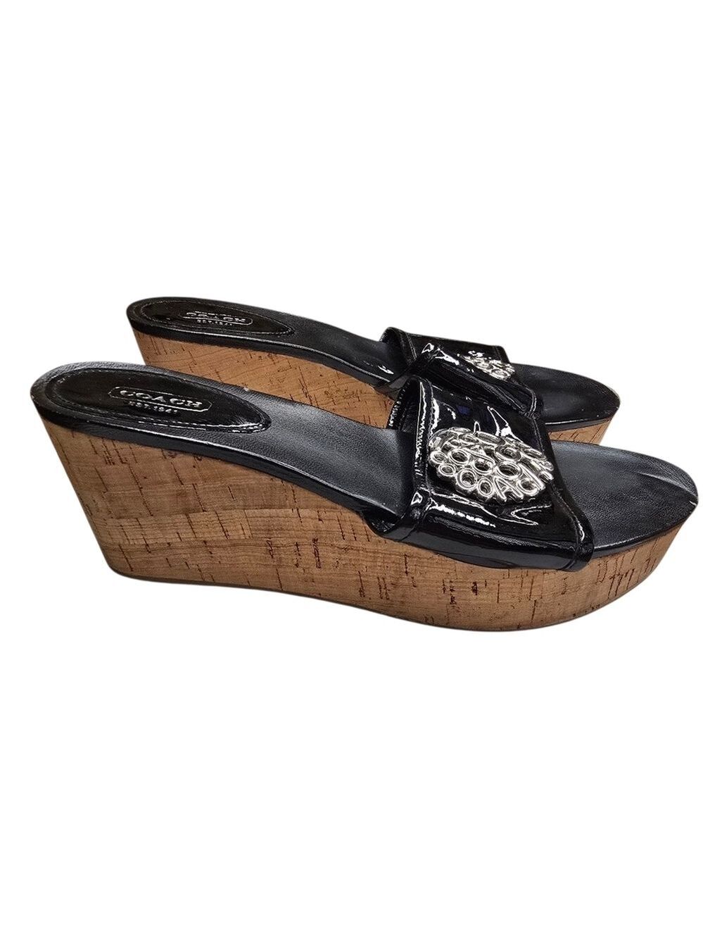 Coach Judith Black Silver Hardware Cork Peep Toe Wedges 9.5B